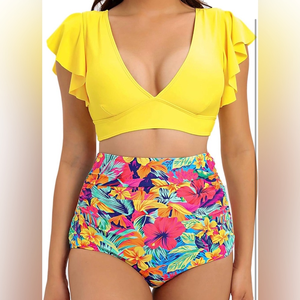 Sporlike Yellow Ruffle Bikini Top with Floral High-Waisted Bottoms - Picture 3 of 6